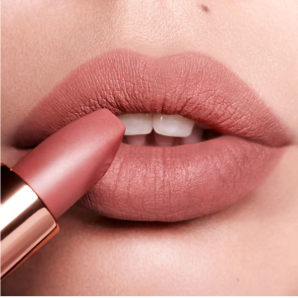 Product image of Charlotte Tilbury Pillow Talk Lipstick being applied to model's lips