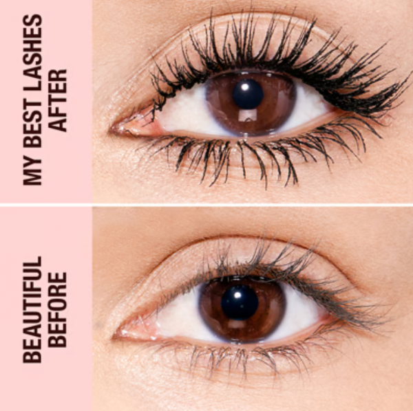 Before and After image showing a dramatic change in eyelashes using Charlotte Tilbury Push Up Lashes Mascara